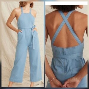 Marine Layer Tess Jumpsuit Light Blue Indigo Cotton Basketweave Wide Leg